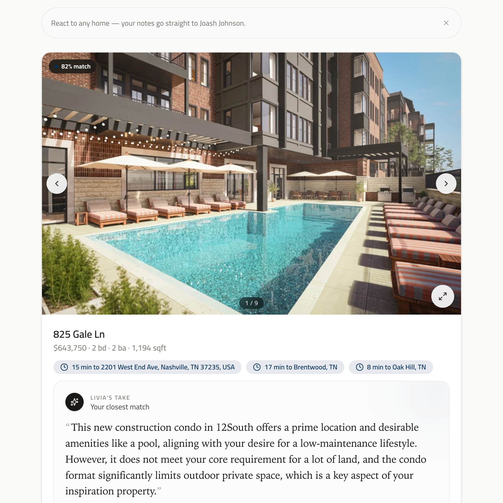 A webpage with shortlisted properties with photos
