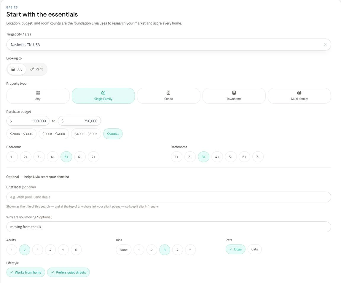 Livia Match product screen: Start with the essentials