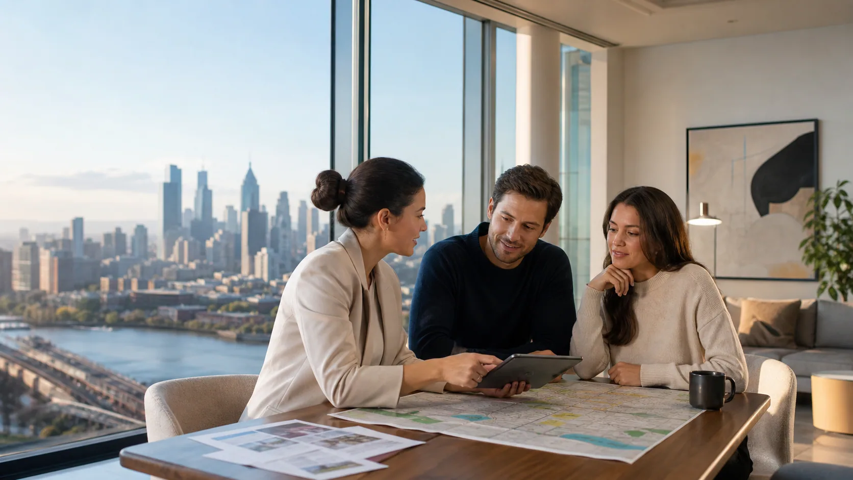 Relocating clients reviewing neighborhoods with a local real estate advisor